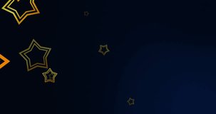 Animation of gold outline stars falling over blue light spots on black background. Event, , success, party and celebration, digitally generated video.