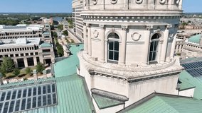 Aerial View of Indiana Statehouse with Pedestal Shot in Sunny Indianapolis