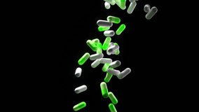 Green and white capsules float in 3D against a dark background, highlighting a medical theme.