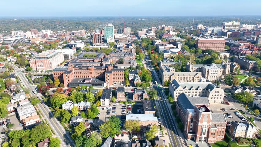 Aerial View of University of Michigan Campus in Ann Arbor with Autumn Foliage
