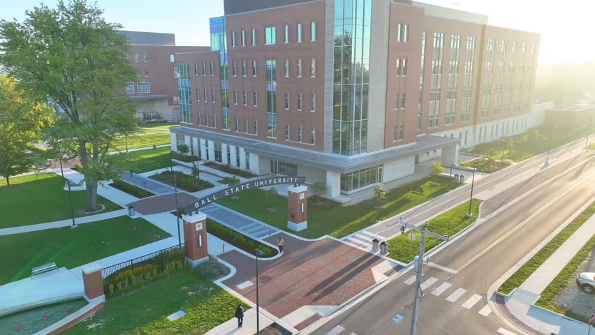 Aerial Sunrise Glow on Ball State University Campus with Pedestal Shot