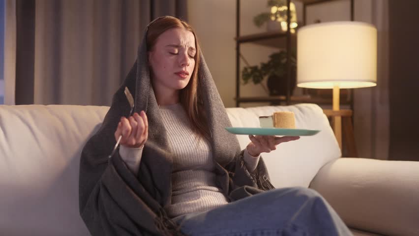 Portrait of sad young blond woman dealing with stress by eating food sitting on sofa late at home Upset female wrapped in blanket crying and eating cake at night indoors alone Mental heath problem Royalty-Free Stock Footage #3455015469