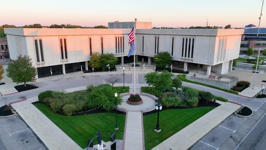 Aerial Sunset View of Delaware County Courthouse in Muncie