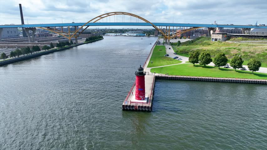 Aerial Sweep of Milwaukee Lighthouse and Hoan Bridge