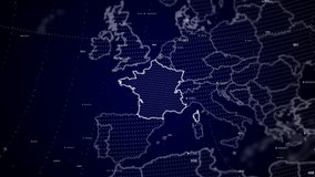 digital globe rotating, zooming in on France country. Data analysis Technology Cinematic Globe rotating on French Republic Country data analysis background Energy particles around the Globe - Powered by Shutterstock - Get 15% off with code: PIKWIZARD15