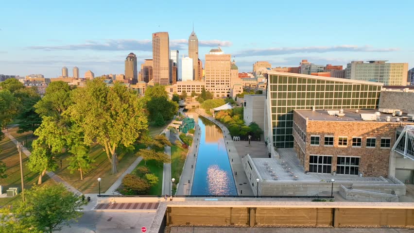 Aerial Fly Through of Indianapolis Downtown Canals at Golden Hour
