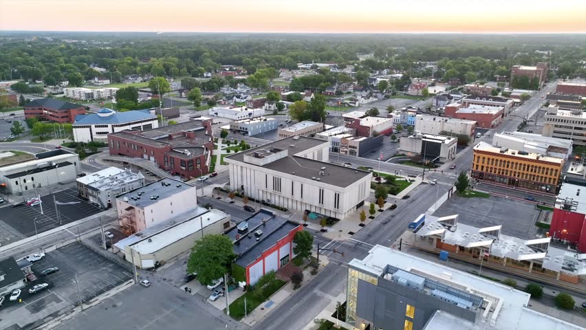 Aerial Sweep of Muncie Downtown at Sunrise with Courthouse