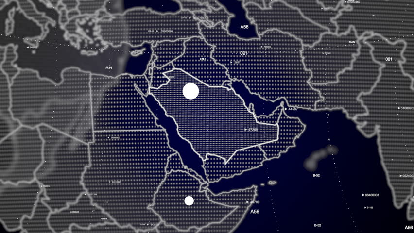 digital globe rotating, zooming in on Saudi Arabia country.Data analysis Technology Cinematic Globe rotating on Kingdom of Saudi Arabia Country data analysis background Energy particles around Globe