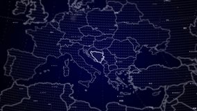 digital globe rotating, zooming in on Bosnia and Herzegovina country. Data analysis Technology Cinematic Globe rotating on Bosnia and Herzegovina Country data analysis Energy particles around Globe - Powered by Shutterstock - Get 15% off with code: PIKWIZARD15