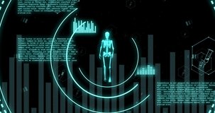 Animation of scopes with human skeleton and data processing over black background. Global science, connections, computing and data processing concept digitally generated video.