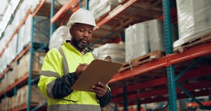 Manufacturing, warehouse and black man with clipboard for inspection, inventory and check stock. Shipping, distribution and person writing notes for logistics, maintenance and checklist in factory - Powered by Shutterstock - Get 15% off with code: PIKWIZARD15