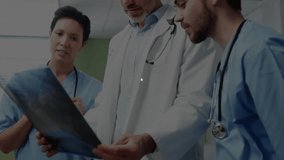 Animation of connections over diverse doctors in hospital. Global medicine, connections, computing and data processing concept digitally generated video