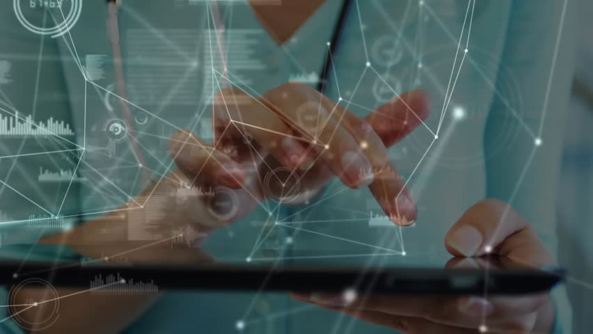 Animation of connections over caucasian female doctor using tablet in hospital. Global medicine, connections, computing and data processing concept digitally generated video