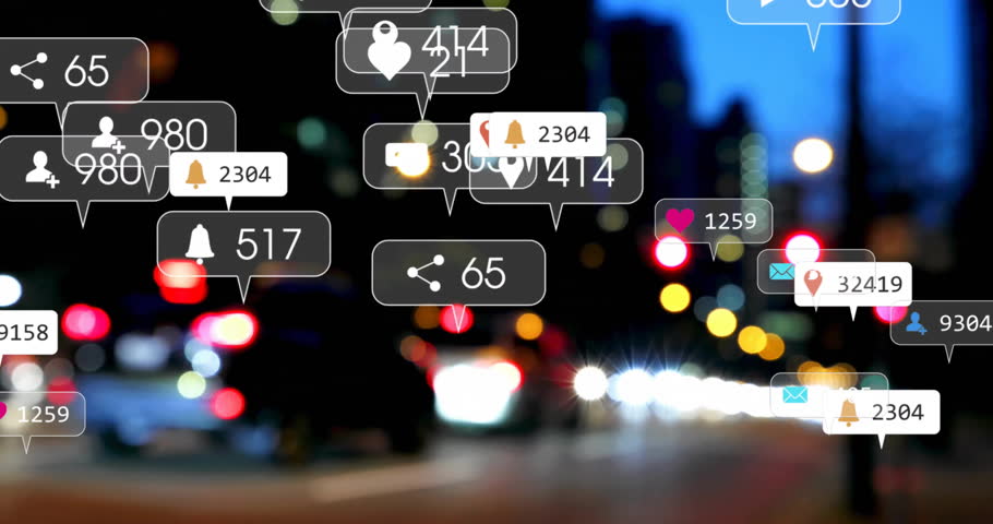 Animation of icons and data processing over out of focus city. Global social media, business, connections, computing and data processing concept digitally generated video.