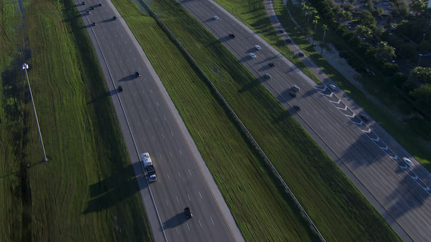 Aerial overhead view of Interstate 95 flyover Intersection an Express vehicle traffic Toll Road Broward County Fort Lauderdale Florida USA