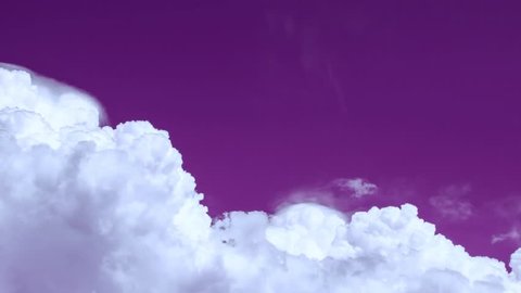 Time lapse footage of scattered clouds over gradient sky near the sunset time, passing above the sun centered at the bottom of the shot. Magical pink and purple color scheme.