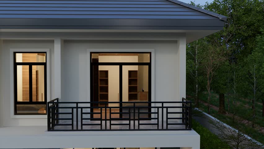 4K video rendering of 3D rendering of 2 storey contemporary house side view  with garage and natural scenery background
