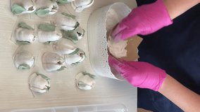 A woman sprinkles powdered sugar on marshmallow lilies. Homemade marshmallows. Vertical video.