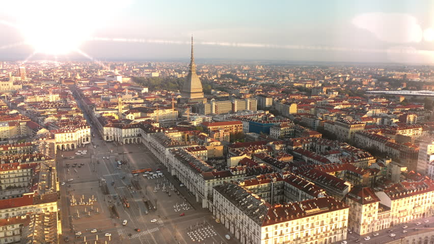 Turin italy city skyline aerial view fly over old town drone footage in 4K.