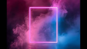Abstract minimal. Pastel Neon illuminated pink and blue soft clouds smoke sky background flowing with glowing rectangle frame. Mock up template product presentation. banner clip mov 4K HD motion
