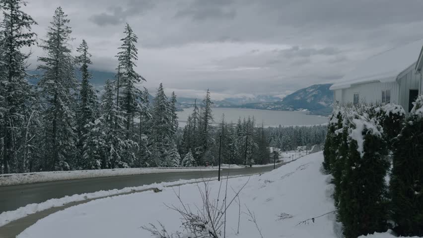 House, Road, and Snowy Trees in Salmon Arm, British Columbia, Canada