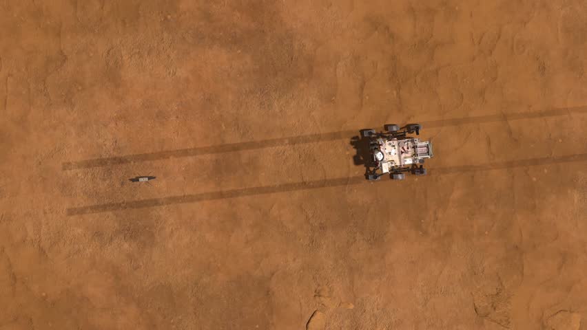 Aerial Footage of Space Rover Driving Over the Mars Landscape. Red Planet Exploration Concept. 3D Animation Made with NASA Imagery. - Powered by Shutterstock - Get 15% off with code: PIKWIZARD15