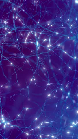 Neuronal firing - neurons communicating via electrical signals and neurotransmitters, vertical video. Camera moving close to human brain nerve cells (neurons) Royalty-Free Stock Footage #3455342499