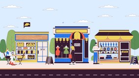 Small stores attracting customers line 2D animation. Bakery, fashion shop and cafe on street 4K video motion graphic. Local business services linear animated cartoon flat concept on urban background