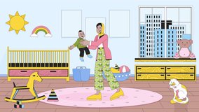 Mom playing baby in nursery line 2D animation. Toddler playing with adult muslim arab 4K video motion graphic. Child babysitter. Nanny playtime linear animated cartoon flat concept, white background