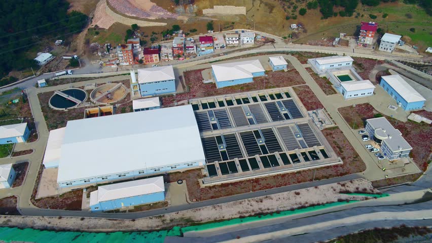 Aerial top view of drinking water treatment plants for big city from water management