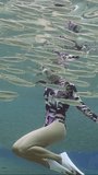 Vertical video, Girl freediver swims under surface of blue water inside a large school of Sprat and looks at fishes, Slow motion