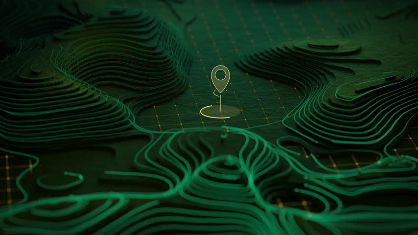 Loop topography HUD animation. 3D landscape with location point. Digital abstract terrain map.