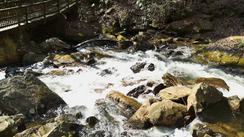 panning footage of the rushing water, rocks and waterfall at Anna Ruby Falls with lush green trees and plants in Helen Georgia USA