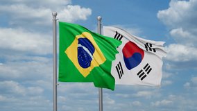 South Korea or Republic of Korea or ROK and Brazil two flags waving together, looped video, two country cooperation concept