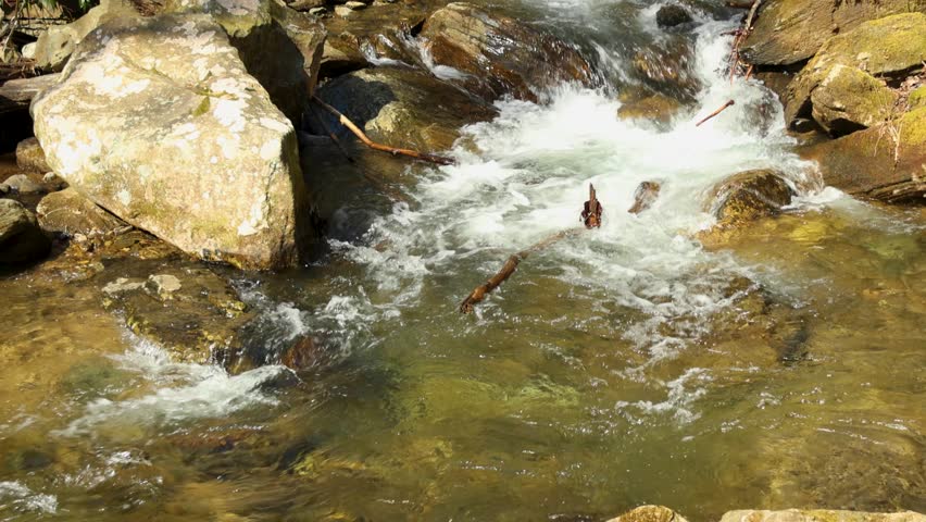 footage of the rushing water, rocks and waterfall at Anna Ruby Falls with lush green trees and plants in Helen Georgia USA