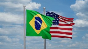 USA and Brazil two flags waving together, looped video, two country cooperation concept