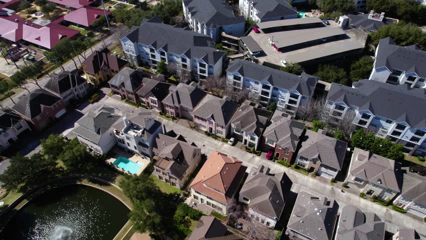 Drone Shot, Upscale Residential Community Near Hermann Park, Houston Texas USA. Expensive Houses and Apartment Buildings