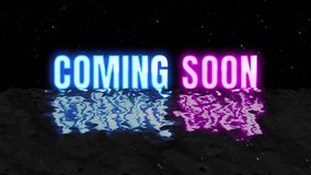Coming Soon 80s retro neon glow cyberpunk color text Intro and Outro motion graphic template with ocean wave and stars burst particle black background. 4k Coming Soon end screen 2d animation. - Powered by Shutterstock - Get 15% off with code: PIKWIZARD15