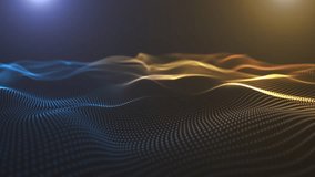Abstract wave technology from particles. Big data visualization. Blue and gold gradient. Dark background with moving dots and lines. Artificial intelligence. 3d rendering. 4К - Powered by Shutterstock - Get 15% off with code: PIKWIZARD15