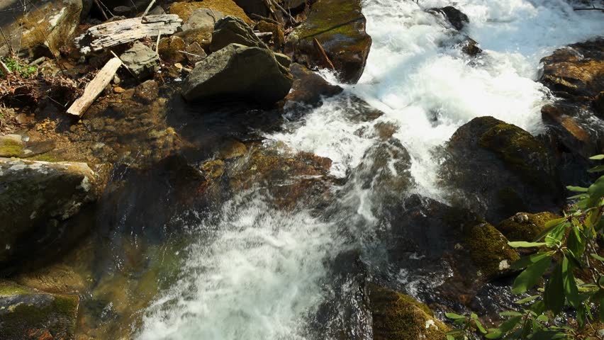 slow motion footage of the rushing waters of Smith Creek with rocks and lush green trees and plants at Anna Ruby Falls in Helen Georgia USA