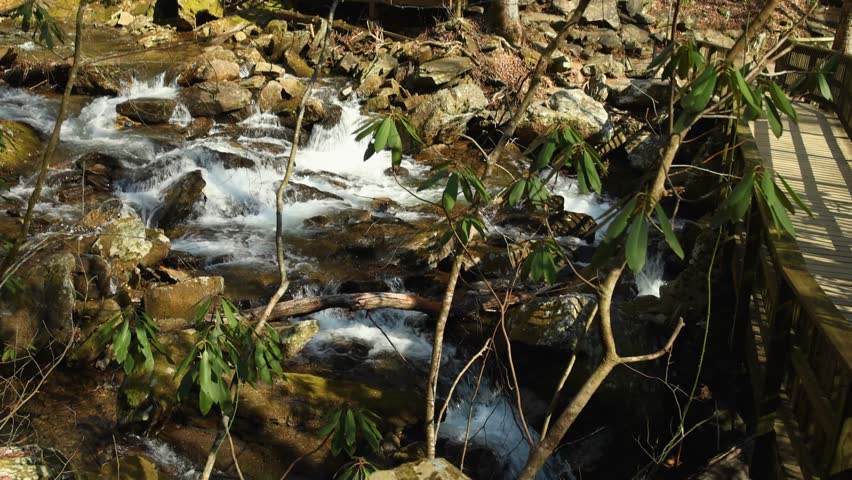 footage of the rushing waters of Smith Creek and waterfall at Anna Ruby Falls with rocks and lush green trees and plants in Helen Georgia USA