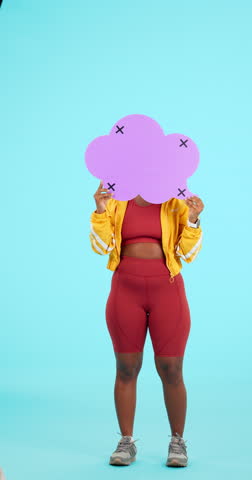 Black woman, speech bubble and mockup for social media in studio isolated on blue background. Voice, opinion and African female person with advertising, marketing space and tracking markers on poster