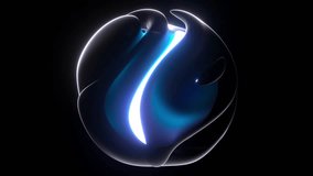 3d render abstract art video of surreal 3d ball sphere in curved wavy round and spherical lines forms in transparent fluorescent plastic material with glowing blue neon color parts on black background