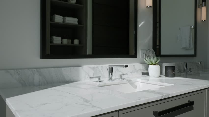 Interior design of spacious bathroom with double sink for couple equipped with chrome plated sanitary ware and vanity table under mirrors reflecting shelves with folded towels