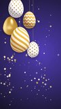 Golden Easter eggs on strings swaying in the wind. Festive blue background. looped spring 3D animation on Christian theme. Empty copy space for text. Vertical video.