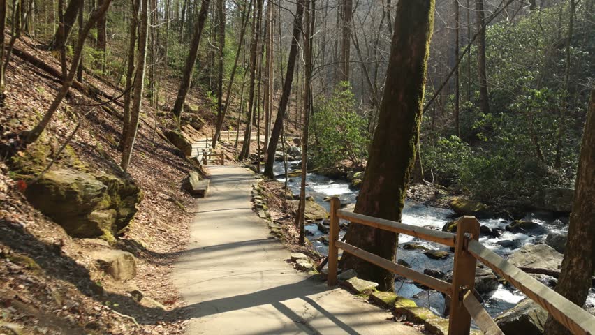 footage of the rushing waters of Smith Creek with rocks and lush green trees and plants at Anna Ruby Falls in Helen Georgia USA