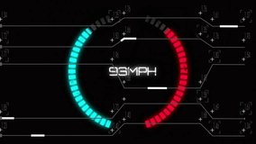 Animation of vehicle speedometer over data transferring in motherboard network on black. Transport, digital interface, data, processing, network and communication, digitally generated video. - Powered by Shutterstock - Get 15% off with code: PIKWIZARD15