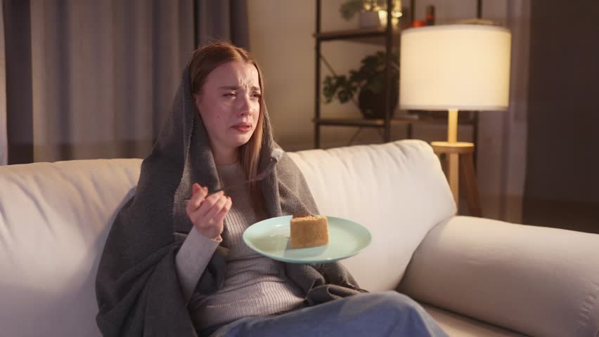 Portrait of sad young blond woman dealing with stress by eating food sitting on sofa late at home Upset female wrapped in blanket crying and eating cake at night indoors alone Mental heath problem Royalty-Free Stock Footage #3455663823