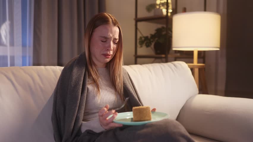 Portrait of sad young blond woman dealing with stress by eating food sitting on sofa late at home Upset female wrapped in blanket crying and eating cake at night indoors alone Mental heath problem Royalty-Free Stock Footage #3455663871