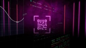 Animation of qr code and neon lights over financial data processing on dark background. Connection, data, finance, digital interface, business and communication, digitally generated video. - Powered by Shutterstock - Get 15% off with code: PIKWIZARD15